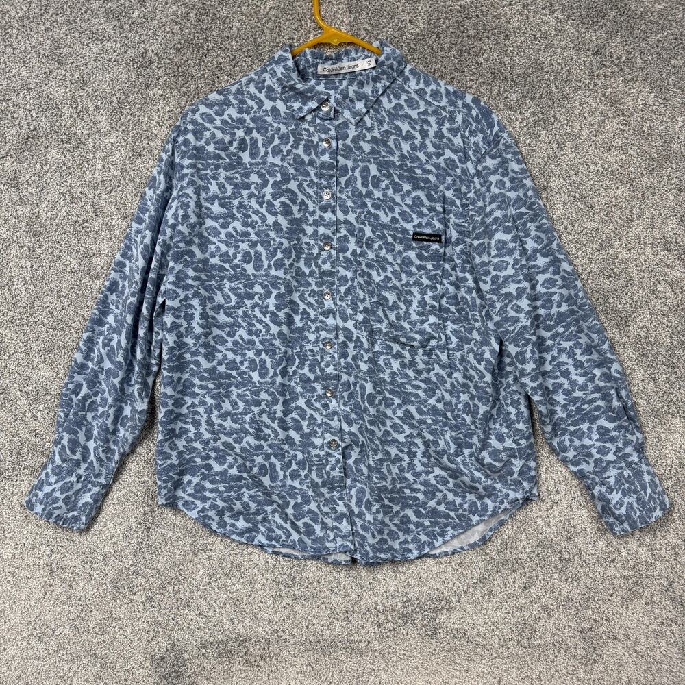 Calvin Klein Button Up Shirt Small Abstract Leopard Print Y2K Safari Streetwear